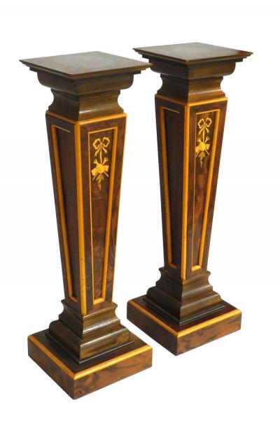 Pair Squared Top Burlwood Continental inlaid display pedestals