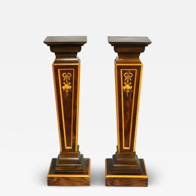 Pair Squared Top Burlwood Continental inlaid display pedestals