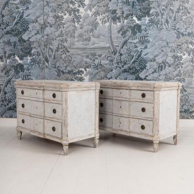 Pair Swedish Gustavian Breakfront Commodes in Original Gray Paint 19th c 