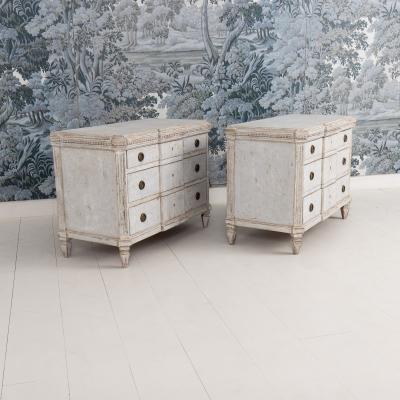 Pair Swedish Gustavian Breakfront Commodes in Original Gray Paint 19th c 