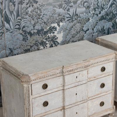 Pair Swedish Gustavian Breakfront Commodes in Original Gray Paint 19th c 