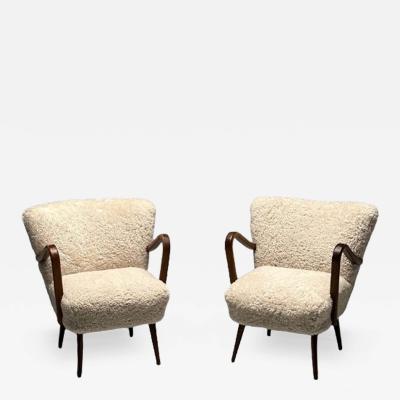 Pair Swedish Mid Century Modern Sheepskin Arm Lounge Chairs Petite Shearling