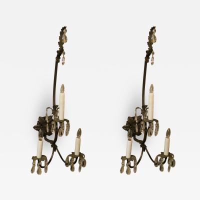 Pair Tall French Louis XV Revival Bronze Sconces with Crystals circa 1880