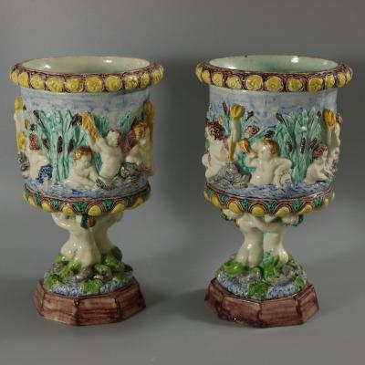 Pair Thomas Sergent Palissy Majolica Mythological Vases