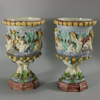 Pair Thomas Sergent Palissy Majolica Mythological Vases
