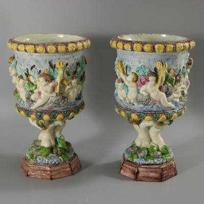 Pair Thomas Sergent Palissy Majolica Mythological Vases