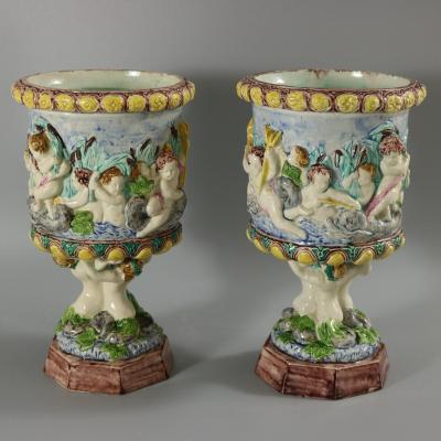 Pair Thomas Sergent Palissy Majolica Mythological Vases
