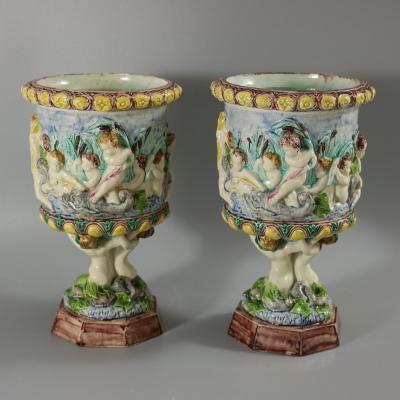Pair Thomas Sergent Palissy Majolica Mythological Vases