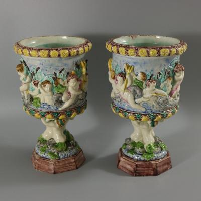 Pair Thomas Sergent Palissy Majolica Mythological Vases