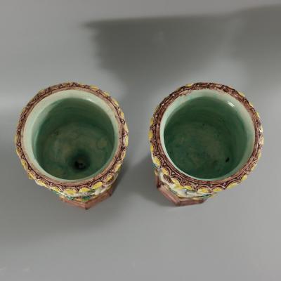 Pair Thomas Sergent Palissy Majolica Mythological Vases