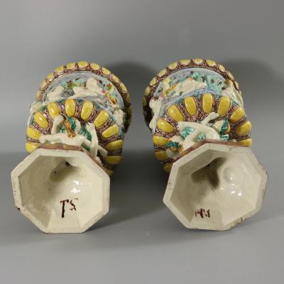 Pair Thomas Sergent Palissy Majolica Mythological Vases