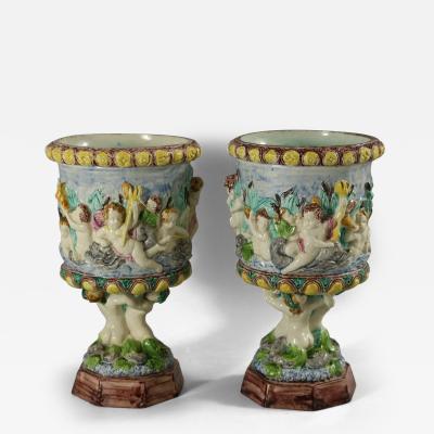 Pair Thomas Sergent Palissy Majolica Mythological Vases