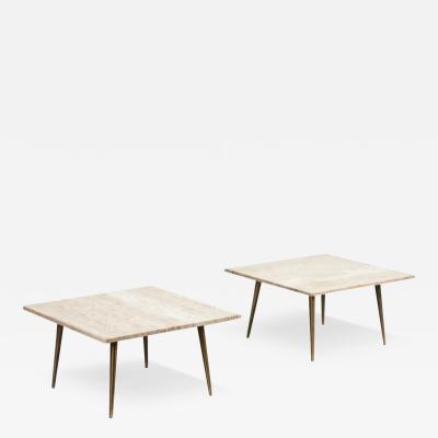 Pair Travertine Top End Tables