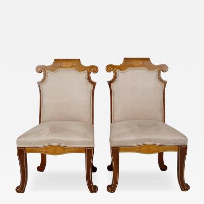Pair Unusual Inlaid Edwardian Neoclassical Style Slipper Chairs