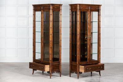 Pair Walnut Faux Bamboo Glazed Display Cabinets