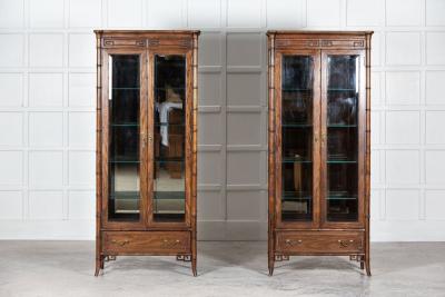Pair Walnut Faux Bamboo Glazed Display Cabinets