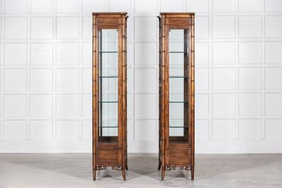 Pair Walnut Faux Bamboo Glazed Display Cabinets