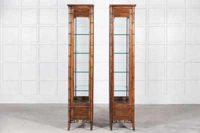 Pair Walnut Faux Bamboo Glazed Display Cabinets