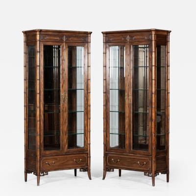 Pair Walnut Faux Bamboo Glazed Display Cabinets