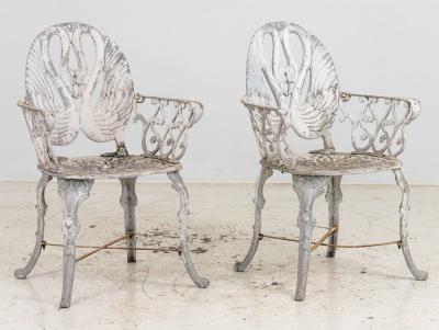 Pair White Painted Swan Back Aluminum Garden Armchairs Sweden 1960s