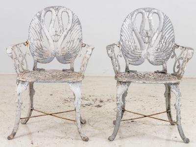Pair White Painted Swan Back Aluminum Garden Armchairs Sweden 1960s
