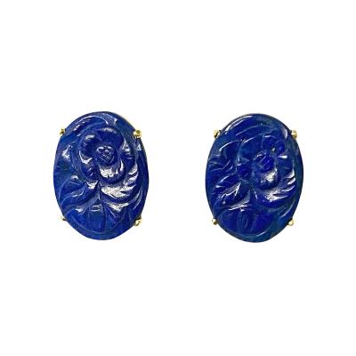 Pair of 14k Gold and carved Lapis Lazuli floral earrings