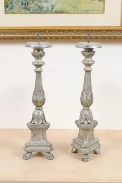 Pair of 1850s Italian Silver Gilt Candlesticks with Carved Waterleaves