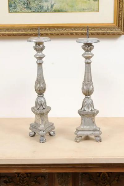 Pair of 1850s Italian Silver Gilt Candlesticks with Carved Waterleaves