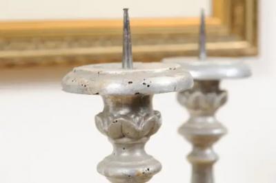 Pair of 1850s Italian Silver Gilt Candlesticks with Carved Waterleaves
