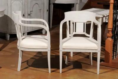 Pair of 1870s Swedish Painted Wood Neoclassical Style Upholstered Armchairs