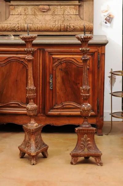 Pair of 1890s Grand Scale French Painted Candlesticks with Distressed Patina