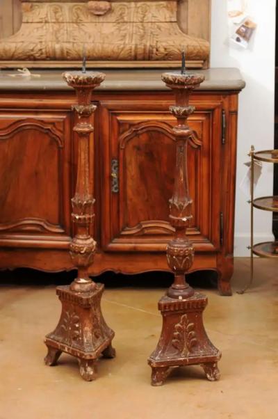 Pair of 1890s Grand Scale French Painted Candlesticks with Distressed Patina
