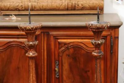 Pair of 1890s Grand Scale French Painted Candlesticks with Distressed Patina