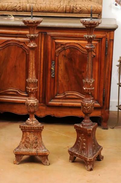 Pair of 1890s Grand Scale French Painted Candlesticks with Distressed Patina