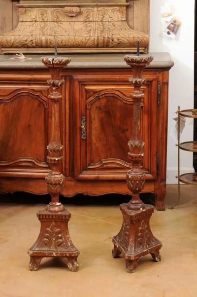 Pair of 1890s Grand Scale French Painted Candlesticks with Distressed Patina