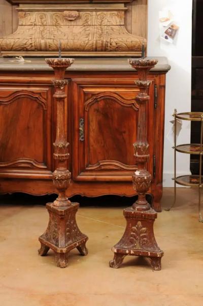 Pair of 1890s Grand Scale French Painted Candlesticks with Distressed Patina