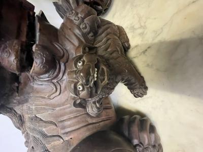 Pair of 18th 19th Century Solid Teak Foo Dogs Opposing Statuary 