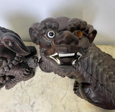 Pair of 18th 19th Century Solid Teak Foo Dogs Opposing Statuary 