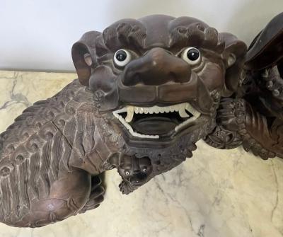 Pair of 18th 19th Century Solid Teak Foo Dogs Opposing Statuary 