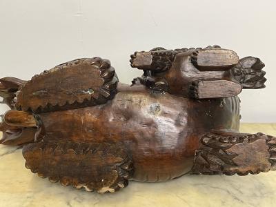 Pair of 18th 19th Century Solid Teak Foo Dogs Opposing Statuary 