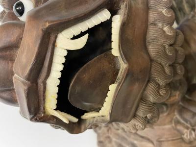 Pair of 18th 19th Century Solid Teak Foo Dogs Opposing Statuary 