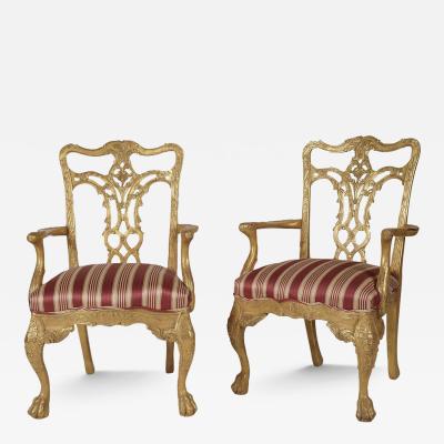 Pair of 18th C Style Chippendale Giltwood Fauteuil Arm Chairs