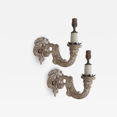 Pair of 18th C Style Louis XV White Gold Giltwood Wall Light Sconces