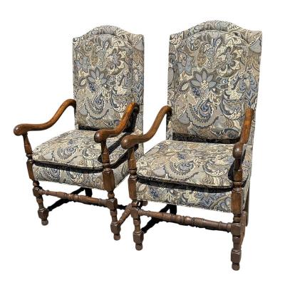 Pair of 18th C Style Spanish Colonial Armchairs W Ralph Lauren Paisley Fabric