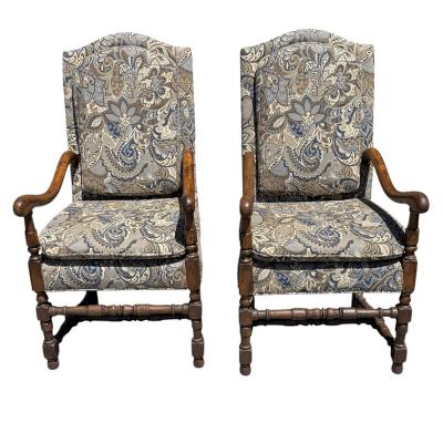 Pair of 18th C Style Spanish Colonial Armchairs W Ralph Lauren Paisley Fabric