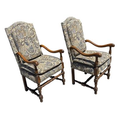 Pair of 18th C Style Spanish Colonial Armchairs W Ralph Lauren Paisley Fabric