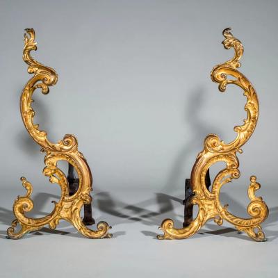 Pair of 18th Century English Rococo Gilt Bronze Andirons or Firedogs