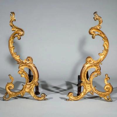 Pair of 18th Century English Rococo Gilt Bronze Andirons or Firedogs