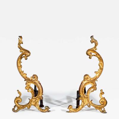 Pair of 18th Century English Rococo Gilt Bronze Andirons or Firedogs