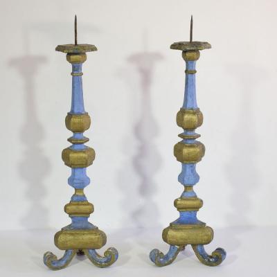 Pair of 18th Century Italian Baroque Carved Wooden Candleholders